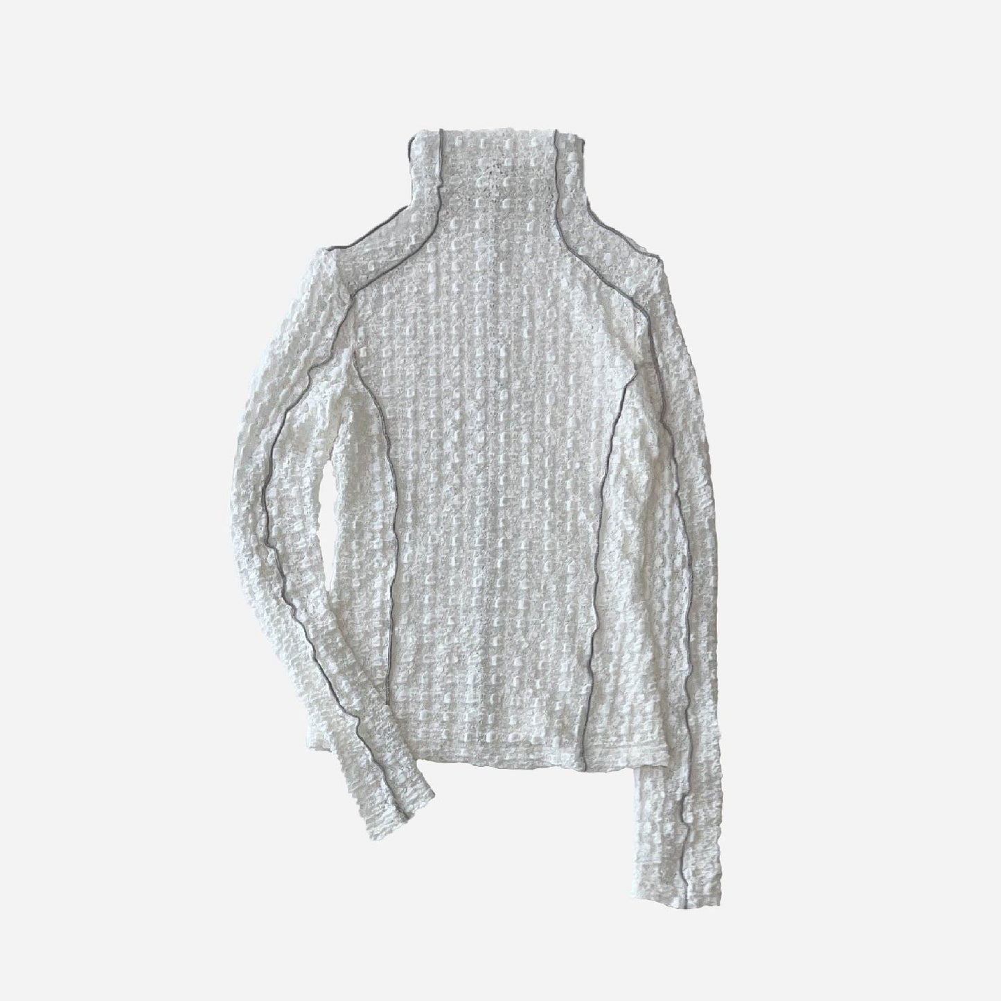 Stretch Geometric Lace Turtle Neck Long Sleeve Top White