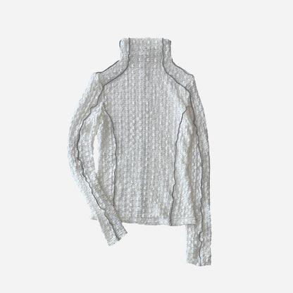 Stretch Geometric Lace Turtle Neck Long Sleeve Top White